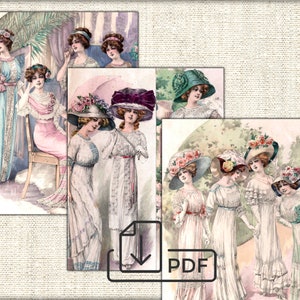May include: A collage of four vintage illustrations featuring women in various styles of dresses and hats. The women are depicted in different settings, including a garden and a room with a mirror. The illustrations are in a watercolor style and have a delicate, feminine feel.