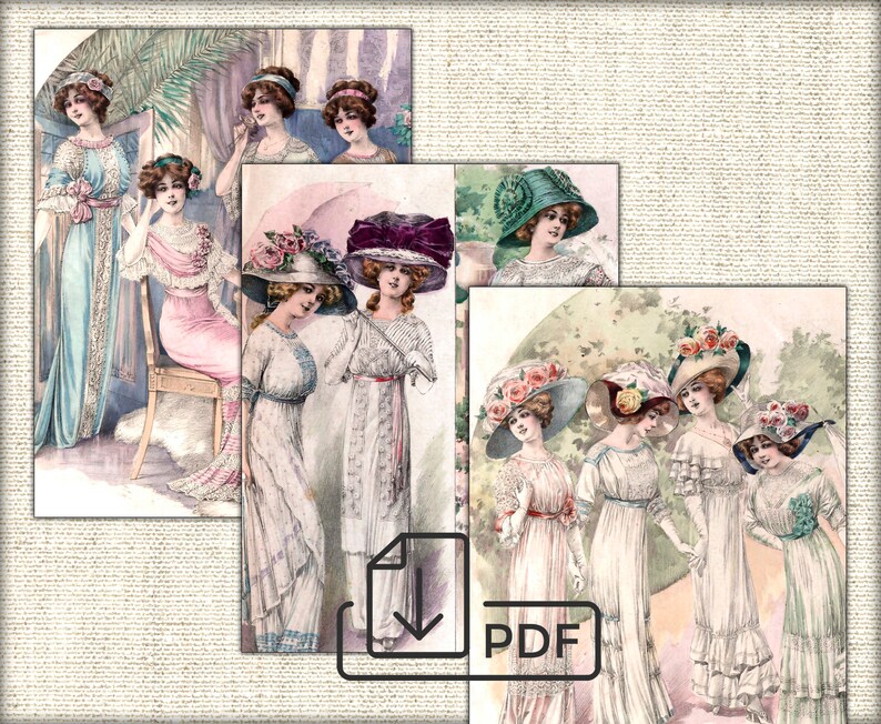 May include: A collage of four vintage illustrations featuring women in various styles of dresses and hats. The women are depicted in different settings, including a garden and a room with a mirror. The illustrations are in a watercolor style and have a delicate, feminine feel.