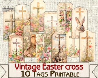 Vintage Easter cross ephemera Tags Printable,scrapbook junk journal paper