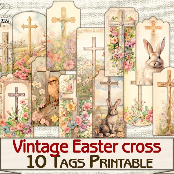 Vintage Easter cross ephemera Tags Printable,scrapbook junk journal paper