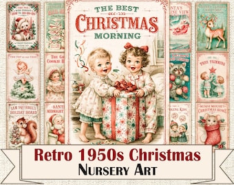 Retro 1950s Christmas Nursery Art, Vintage Holiday Storybook Illustrations, Cute Christmas Digital Prints, Holiday Paper Craft Supplies