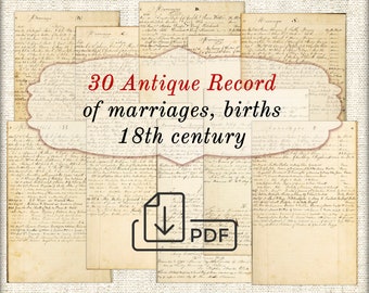 30 Antique Marriage & Birth Records: 18th Century Printable Book Pages (Digital Download)