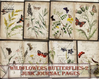 Vintage Botanical Wildflowers butterflies-2 junk journal Pages,picture collage,Digital Sheet Download