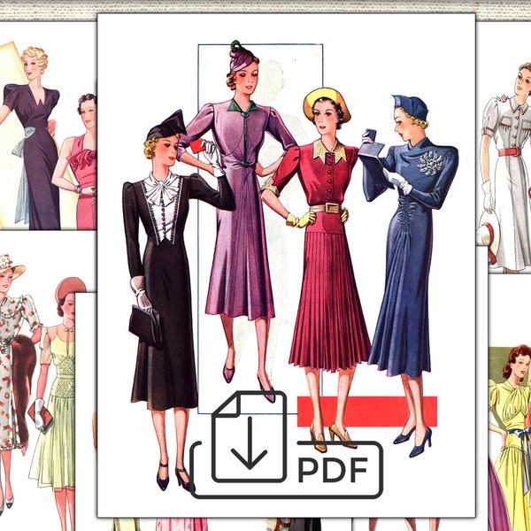 Fashion illustration 1930s dress,ephemera vintage clothing Digital Download