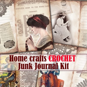 Könnte beinhalten: Eine Collage aus Vintage-Bildern mit Frauen beim Häkeln, einem Esel und Spitzenmustern. Der Text "Home crafts CROCHET Junk Journal Kit" ist auf einem roten Banner dargestellt.