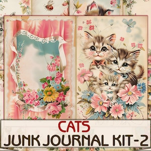 Funny Cats junk journal pagina's-2, fantasietekenfilms jaren 50-stijl, digitale afdrukbare kit downloaden