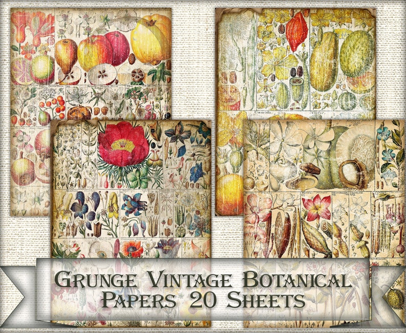 Vintage Kit Backgrounds Grunge Botanical Printcollage Sheets - Etsy