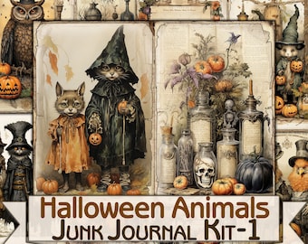 Vintage Halloween animals Junk Journal Pages,Gothic picture collage,Digital Sheet Download