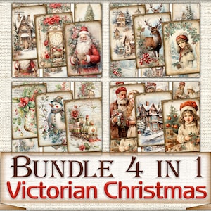 Tarjetas imprimibles con collage de imágenes navideñas victorianas atc, conjunto de papeles digitales de decoupage navideño