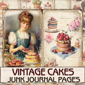 Vintage cooking junk journal,Cakes cookbook Pages recipe Collage printables