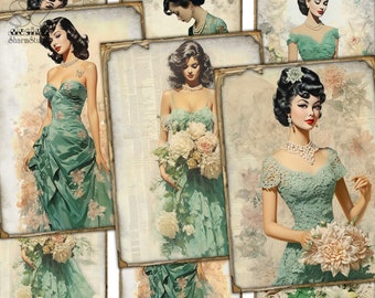 Retro 1950s fashion Collage Digital green picture printables cards Atc ACEO