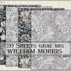 Vintage digital Kit Backgrounds WILLIAM MORRIS gray mix,Collage Sheets,Printable 20 Pages