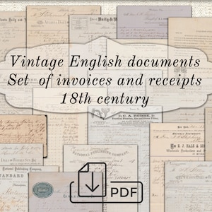 Puede incluir: Un collage de documentos ingleses antiguos, incluyendo facturas y recibos, con texto escrito a mano y adornos decorativos. Los documentos son del siglo XVIII y presentan una variedad de fuentes y estilos. La imagen incluye el texto "Vintage English documents Set of invoices and receipts 18th century".