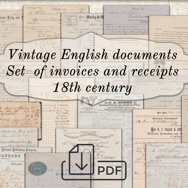 Vintage English documents Set of invoices ephemera and receipts paper 18th century