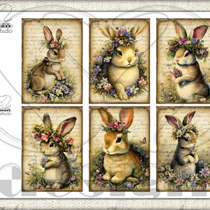 May include: Six vintage-style illustrations of bunnies wearing flower crowns. Each bunny is surrounded by flowers and greenery. The illustrations are on a background of old paper with handwritten text.