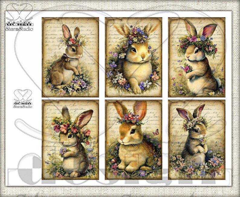 May include: Six vintage-style illustrations of bunnies wearing flower crowns. Each bunny is surrounded by flowers and greenery. The illustrations are on a background of old paper with handwritten text.