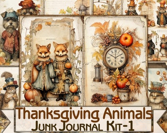 Thanksgiving animals Junk Journal Pages,Digital Sheet Download