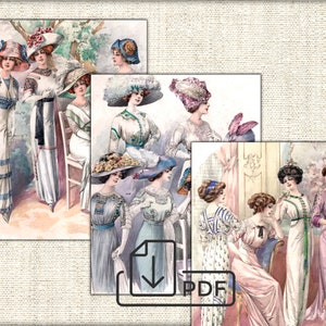 May include: A collection of vintage illustrations featuring women in fashionable dresses and hats from the early 1900s. The illustrations are in a watercolor style and depict women in various poses, including standing, sitting, and walking. The illustrations are a great source of inspiration for fashion designers and historians.