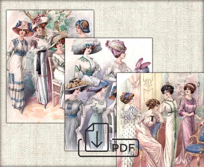 May include: A collection of vintage illustrations featuring women in fashionable dresses and hats from the early 1900s. The illustrations are in a watercolor style and depict women in various poses, including standing, sitting, and walking. The illustrations are a great source of inspiration for fashion designers and historians.
