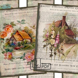 Collage atc journal vintage cards Flower house Digital paper,picture printable,Digital llustration ACEO