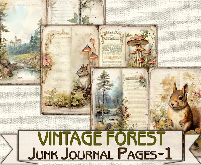 May include: Vintage forest themed junk journal pages with images of a castle, mushrooms, a rabbit, a squirrel, and a forest scene. The pages are printed on aged paper with a distressed look.