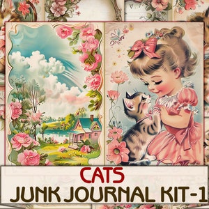 Funny Cats junk journal pages-1, fantasy cartoons 50's style,Digital printable kit Download