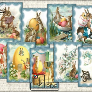 Easter Bunny Rabbit Vintage Art cards set,Digital picture collage printable