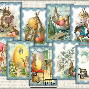 Set di cartoline d'arte vintage coniglietto di Pasqua, collage di immagini digitali stampabili