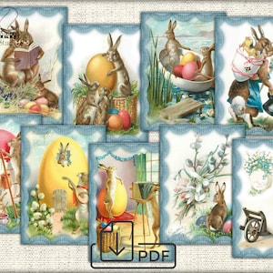 Easter Bunny Rabbit Vintage Art cards set,Digital picture collage printable