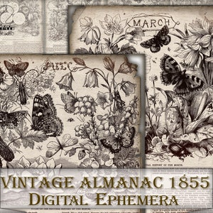 Vintage Flora Junk Journal Ephemera - Digital Almanac 1855