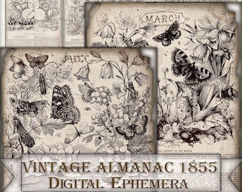 vintage Flora Junk Journal Ephemera - Almanach numérique 1855