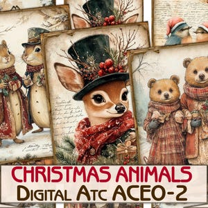 Cartões para impressão de colagem de fotos de animais de Natal vintage atc + BÔNUS, conjunto de papéis digitais para decoupage de Natal-2