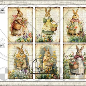 May include: Six vintage illustrations of bunnies in dresses holding baskets of flowers and eggs on a background of old paper with handwritten text.