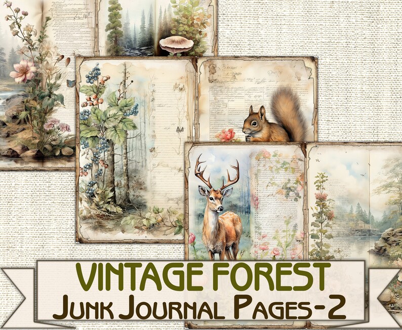 May include: Vintage forest themed junk journal pages with images of a deer, squirrel, mushrooms, and trees. The pages are printed on aged paper with a distressed look.