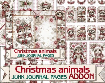 Christmas animals Junk Journal Kit ADDON,Printable Collage Pages