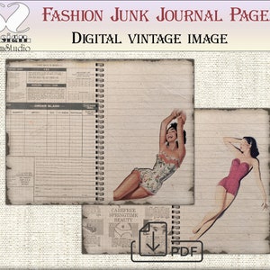 May include: Digital vintage image of fashion junk journal pages. The pages include lined paper, vintage advertisements, and illustrations of women in swimwear. The image has a distressed, aged appearance with the text "Fashion Junk Journal Pages" and "Digital Vintage Image".