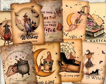Halloween ephemera card,Magical Witch pictures Collage,junk journal pages