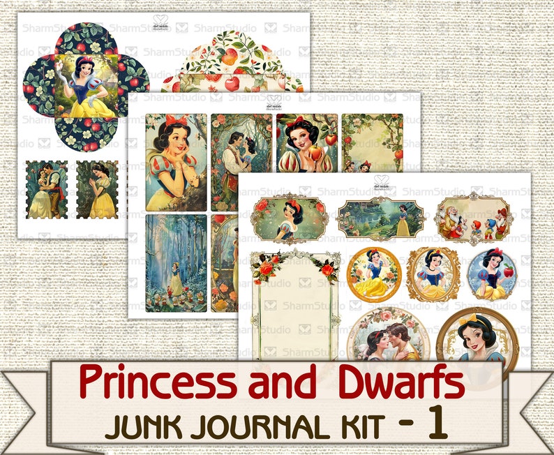 Puede incluir: Un kit de diario de desecho imprimible digital con im&aacute;genes de Blancanieves y los Siete Enanitos. El kit incluye una variedad de im&aacute;genes, incluyendo Blancanieves con los enanitos, Blancanieves sola y Blancanieves con el Pr&iacute;ncipe. El kit tambi&eacute;n incluye una variedad de elementos decorativos, como flores, hojas y corazones. El kit es perfecto para agregar un toque de fantas&iacute;a a tu diario de desecho.