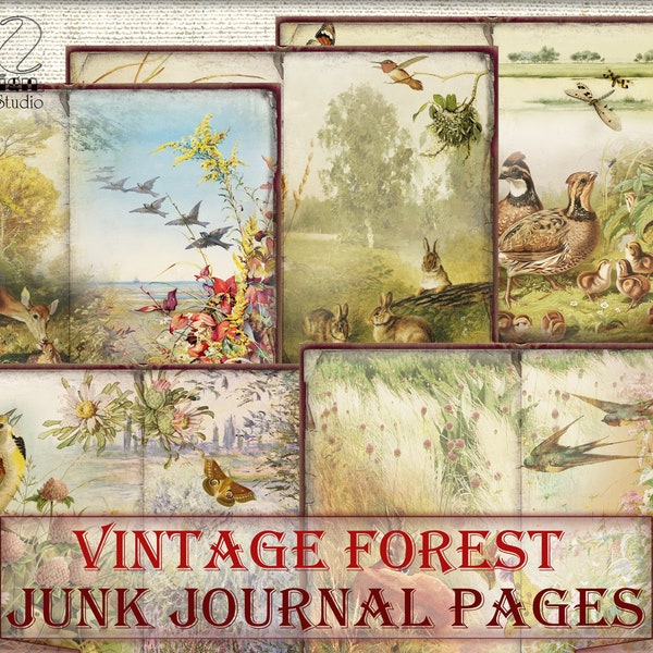 Vintage Forest ephemera Junk Journal picture collage,Digital Sheet Download