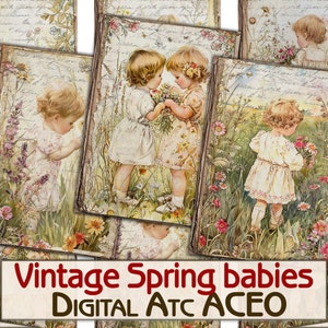Colagem de bebês vintage primavera cartões digitais para impressão de imagens Atc ACEO