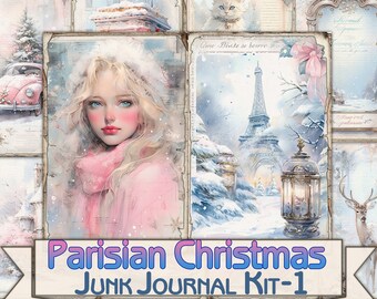Vintage Parisian Christmas Junk Journal Kit,Printable Collage Pages-1