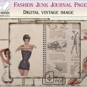 May include: Digital vintage image of a junk journal page with fashion illustrations. The page features retro advertisements and pin-up style drawings of women in swimwear and dresses. The text includes "Fashion Junk Journal Pages" and "Digital Vintage Image."