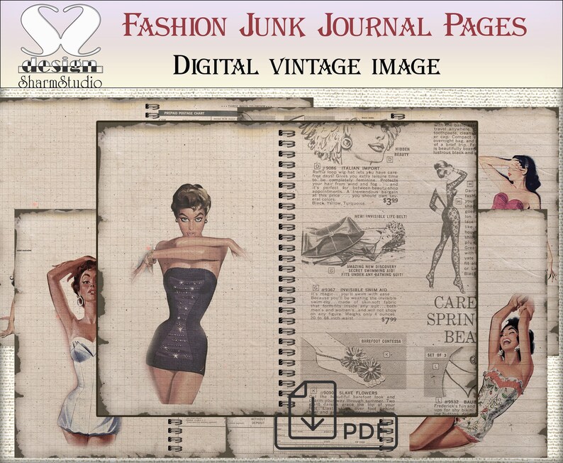 May include: Digital vintage image of a junk journal page with fashion illustrations. The page features retro advertisements and pin-up style drawings of women in swimwear and dresses. The text includes "Fashion Junk Journal Pages" and "Digital Vintage Image."