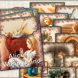 Alice in Wonderland digital pocket junk journal page,art Set pocket folders