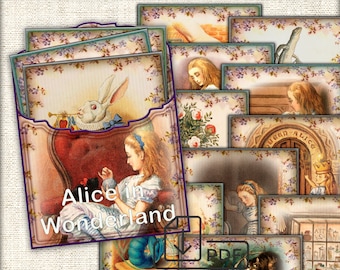 Alice in Wonderland digital pocket junk journal page,art Set pocket folders