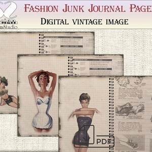 May include: Digital vintage image of fashion junk journal pages. The pages feature retro illustrations of women in swimwear and lingerie, alongside vintage advertisements and grid paper backgrounds. The text includes "Fashion Junk Journal Pages" and "Digital Vintage Image".