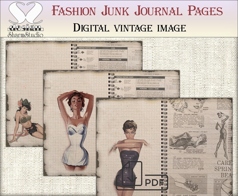 May include: Digital vintage image of fashion junk journal pages. The pages feature retro illustrations of women in swimwear and lingerie, alongside vintage advertisements and grid paper backgrounds. The text includes "Fashion Junk Journal Pages" and "Digital Vintage Image".