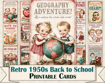 Retro 1950s Back to School Cards, Printable School Junk Journal Kit, Vintage Student Ephemera Sheets, Classroom Cards Digital Download