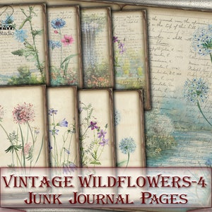 Vintage Wildflowers-4 ongewenste dagboekpagina's, botanische fotocollage, digitaal blad downloaden