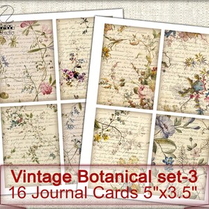 Puede incluir: Conjunto de 16 tarjetas de diario bot&aacute;nico vintage con ilustraciones florales sobre un fondo de texto escrito a mano. Cada tarjeta mide 12,7 cm por 8,9 cm.